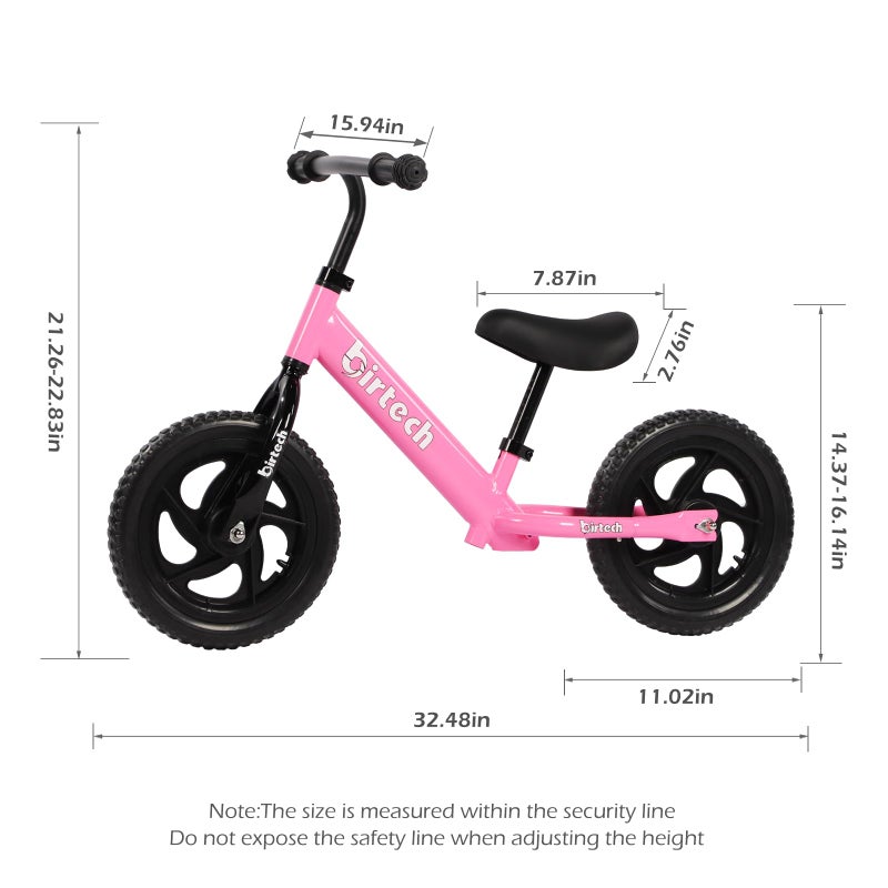 Birtech 12 Inch Toddler Balance Bike for Kids 2-6 Years Old, Adjustable Seat Height, Indoor Outdoor Toy Bicycle With No Pedals, Pink - Image 3